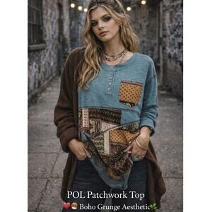 POL Small Teal Patchwork Boho Henley Top Asymmetrical Hem Mixed Print Boutique